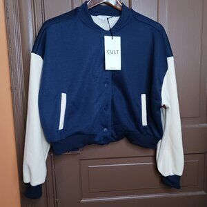 Cult Brand Women's size L Block Cropped Varsity Jacket Blue White